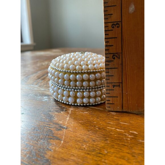 Vintage Pearl-Embellished Round Jewelry Trinket Box With Rhinestone Accent & Vel - Picture 6 of 7